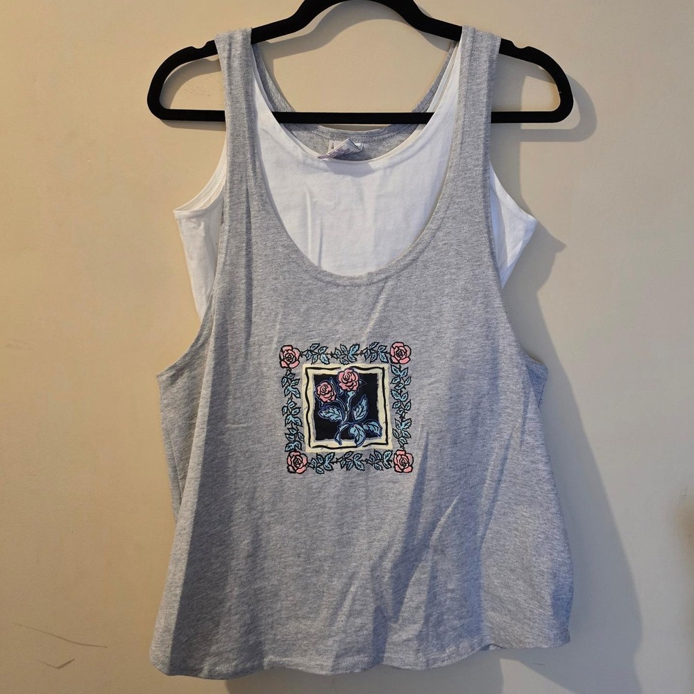 The Body Co Womens Gray Floral Rose Layered Tank Top Built-In Bra Medium USA